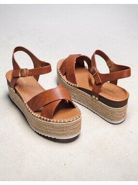 Tan Platform Espadrille Sandals With Buckle Strap Crisscross Upper & White Sole